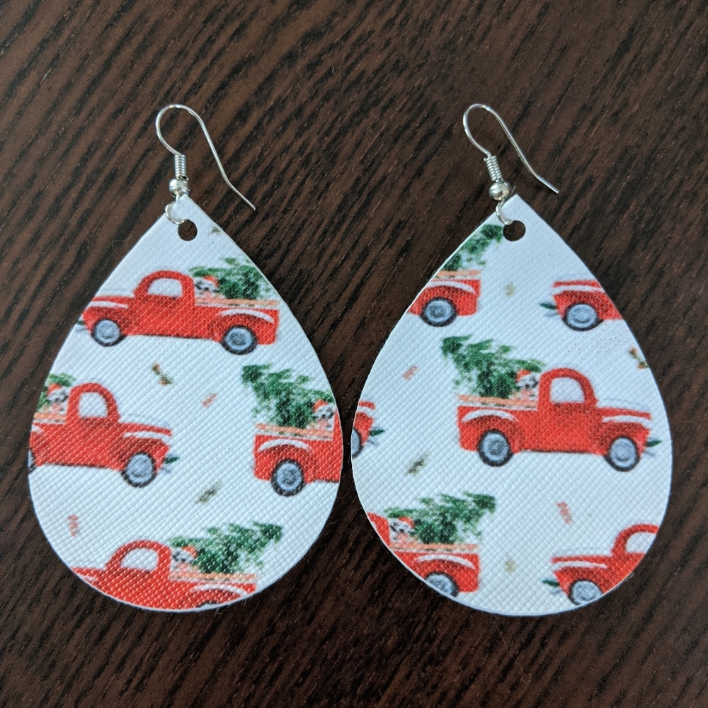 Teardrop earrings with red truck and tree, NWOT
